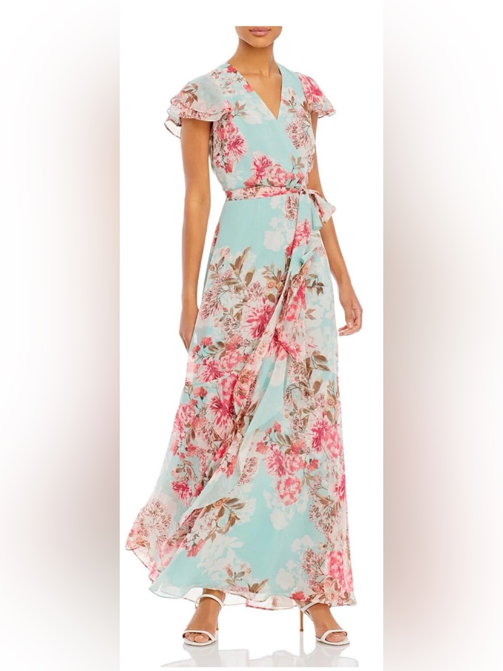 Eliza J Light Blue Floral Wrap Maxi Dress size 10 flutter sleeve, ruffled skirt